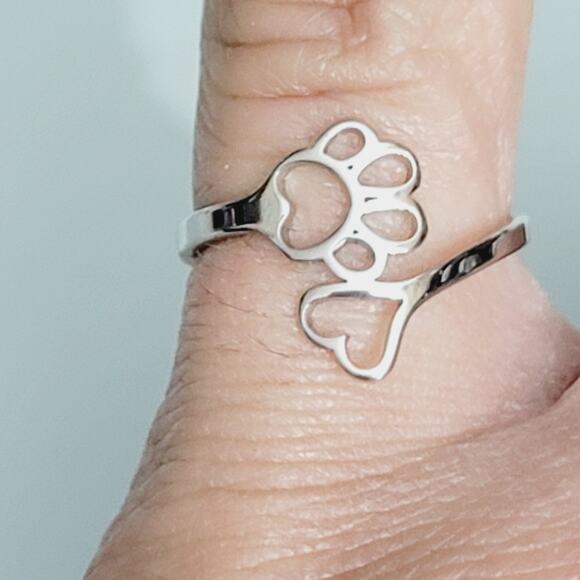 Wrap Adjustable Fashion Ring Paw Print And Heart Silver Ring - Picture 7 of 7